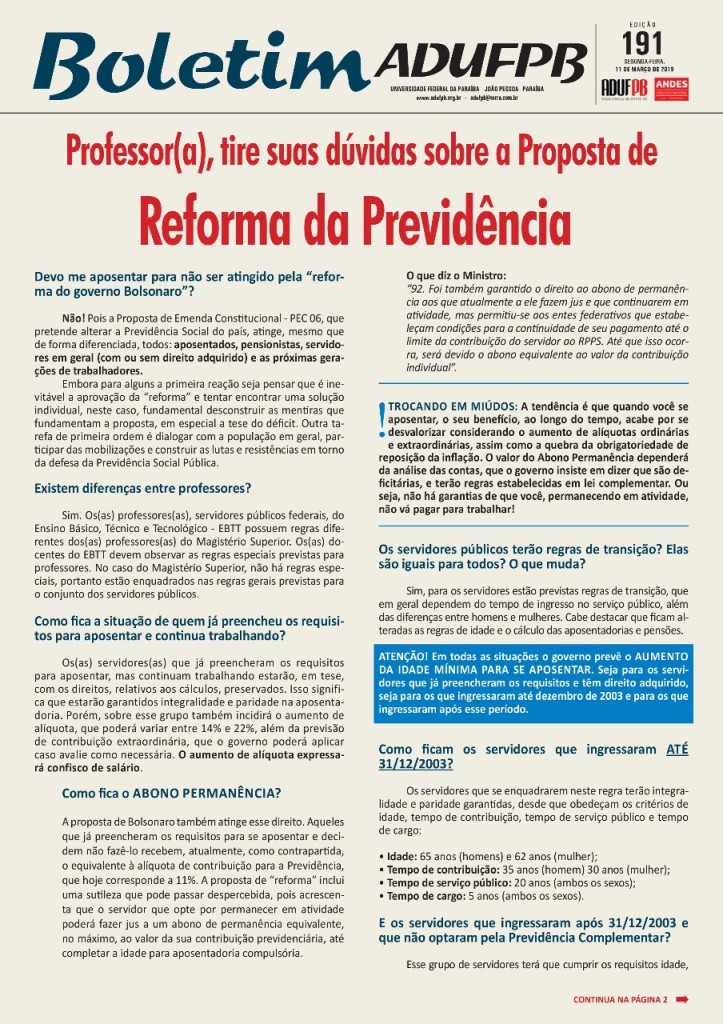 Boletim 191 - reforma da Previdência